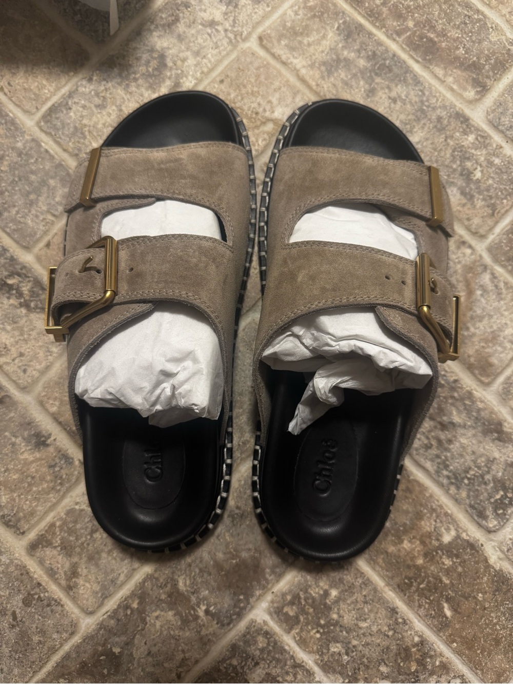 NWT Chloé Rebecca Suede Double-Buckle Slide Sandals in Greige - Picture 3 of 5